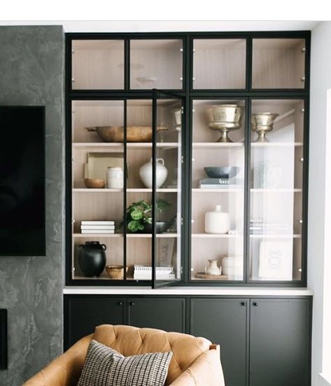 Built In Glass Cabinets Living Room, Glass Cabinets Display Living Room Ikea, Glass Door Built In Cabinets, Built In Shelves With Glass Doors, Black Metal Cabinet Glass Doors, Black Glass Cabinets Kitchen, Built In Glass Display Cabinet, Built In Glass Cabinet, Dining Room Built Ins Around Window