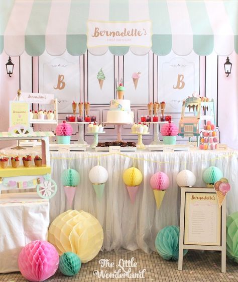 Sweet Table from an Ice Cream Parlor Birthday Party via Kara's Party Ideas KarasPartyIdeas.com (17) Ice Cream Parlor Party, Teenager Party, Ice Cream Parlour, Cream Decor, Ice Cream Birthday Party, Ice Cream Theme, Ice Cream Social, Ice Cream Birthday, Ice Cream Parlor