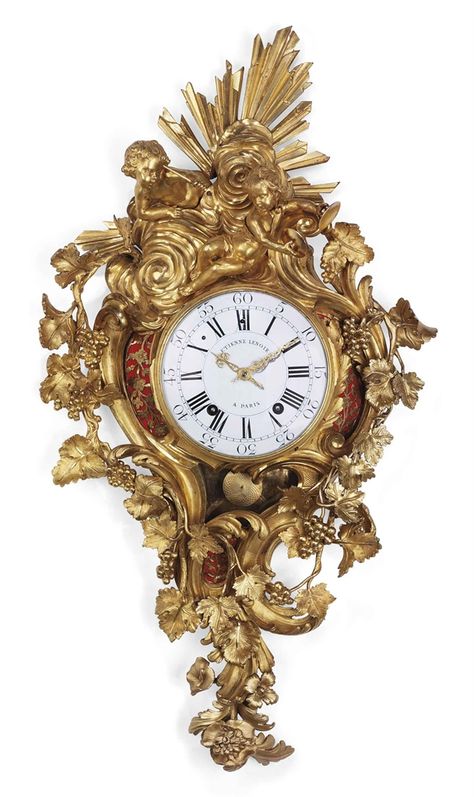 A LOUIS XV ORMOLU STRIKING CARTEL CLOCK  THE MOVEMENT BY ETIENNE LENOIR, CIRCA 1745-'50  CASE: modelled with two bacchic amorini playing cymbals, trailing vines and bunches of grapes, with pierced and engraved silk-backed sound frets; partially remounted DIAL: white enamel dial signed 'ETIENNE LENOIR/A PARIS Clock Design Ideas, Marble Clock, Classic Clocks, Retro Clock, Mantel Clocks, Antique Clock, Vintage Wall Clock, Antique Clocks, Wood Wall Clock