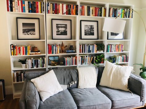 Books Behind Sofa, Lounge Room Bookshelves, Book Shelf Behind Sofa, Book Case Behind Couch, Billy Bookcase Behind Sofa, Couch And Bookshelves, Books Behind Couch, Couch With Bookcase Behind It, Sofa In Front Of Bookcase