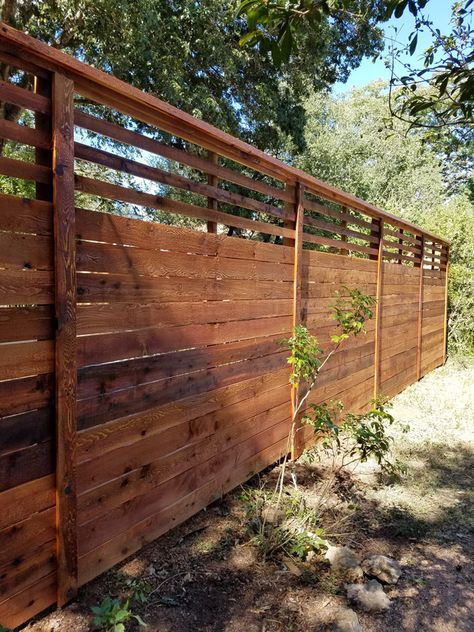 8-foot-custom-horizontal-fence-with-slat-top-stained Wood Fence Design, Privacy Fence Designs, Horizontal Fence, Fence Styles, Front Yard Fence, Cedar Fence, Privacy Fences, Bamboo Fence, Backyard Pergola