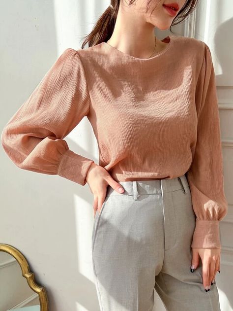 DAZY Bishop Sleeve Textured Blouse | SHEIN USA Bishop Sleeve Pattern, Bishop Sleeve Blouse, Grad Outfits, Textured Blouse, Winter Blouses, Modest Tops, Plain Tops, Bishop Sleeve, Women Blouses