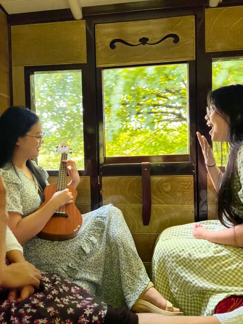 #sisters #ukelele #aesthetic #train #singer #laugh #fun #summer #summervibes #summerstyle #dresses Ukelele Aesthetic Girl, Sunny Day Aesthetic, Aesthetic Train, Vision 2024, Day Aesthetic, Love My Sister, Ukulele Songs, Ukelele, Two Girls