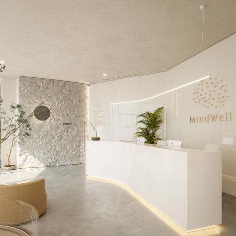 Mind over matter on Behance Waiting Room Design, White Reception, Healthcare Interior Design, Concrete Paint, Dental Office Design Interiors, Spa Interior Design, Medical Office Design, Hospital Interior, Clinic Interior Design