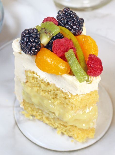 Foolproof Vanilla Custard Cake~ California Fruit Cake - Gretchen's Vegan Bakery Custard Fruit Cake, Fruit Custard Cake, Sponge Fruit Cake, Vegan Vanilla Custard, Cake And Custard, Vanilla Custard Cake, Fruit Sponge Cake, Italian Treats, Custard Cake Recipes