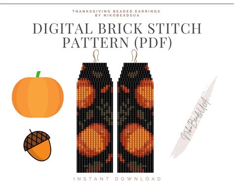 Thanksgiving Brick Stitch Pattern for Fringe Beaded Earrings - Etsy Diy Beaded Earrings, Zebra Skin Pattern, Beaded Earrings Pattern, Fringe Beaded Earrings, Pumpkin Jewelry, Halloween Beads, Brick Stitch Earrings, Brick Stitch Pattern, Beading Techniques