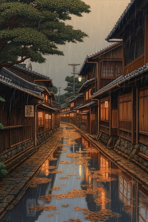 Nostalgic Summer Rain in Kyoto, Japan. Vintage Poster for Home Decor. Kyoto Wallpaper, Vintage Japan Aesthetic, Japanese Vintage Aesthetic, Anime Rain, Japan Vintage Aesthetic, Japan Vintage, Old Japan, Vintage Rain Aesthetic, Japanese Anime Wallpaper Street