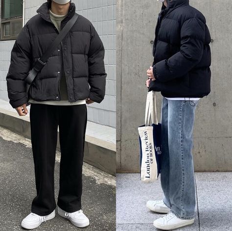 Mens Winter Fashion Japan, Winter Outfits Men Streetwear Korean, Japan Ootd Winter Men, Men Winter Outfits Korean, Winter Outfit Men Korean, Korean Puffer Jacket Outfit Men, Japan Winter Men Outfit, Japanese Winter Outfits Men, Mens Outfit Inspiration Winter