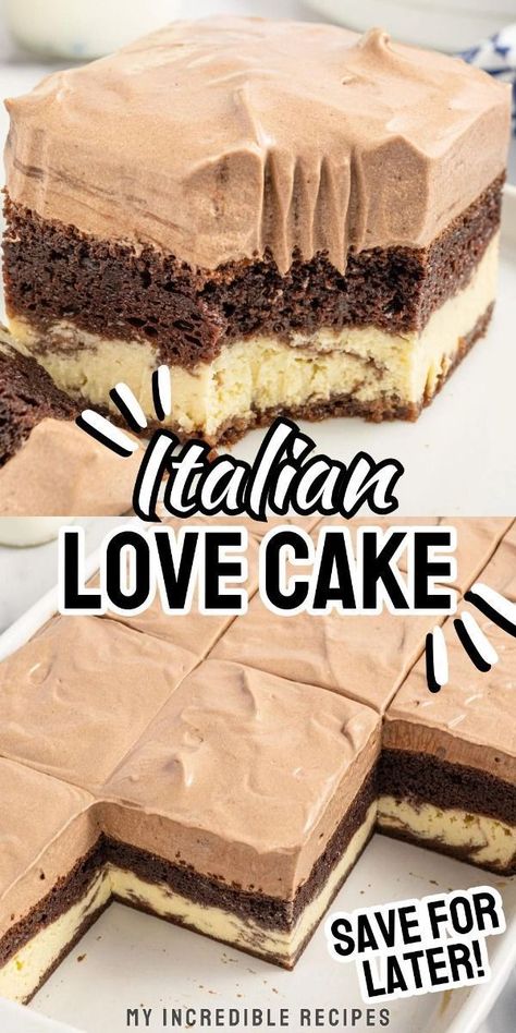 This Italian love cake is a scrumptious dessert for any occasion! It is a delightful chocolate cake made with a unique ricotta base that is then topped with a rich chocolate pudding frosting. A luscious and melt-in-your-mouth cake this love cake is sure to be a crowd-pleaser. This unique cake is wonderful for Memorial Day or whenever you want a sweet treat! Try it today! Chocolate Pudding Frosting, Italian Love Cake, Pudding Frosting, Italian Love, Desserts For A Crowd, Scrumptious Desserts, Incredible Recipes, Unique Cakes, Italian Desserts