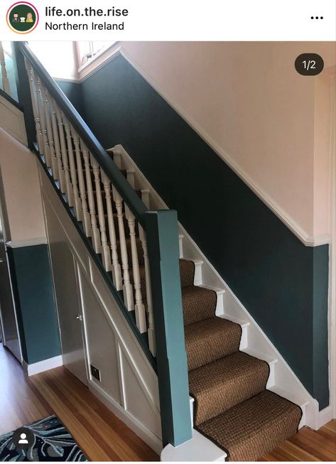 Navy Blue Staircase, Hallway Tiles, Hallway Tiles Floor, Stairs Colours, Stair Paneling, Hallway Colours, Tiled Hallway, Home Hall Design, Bedroom Door Design