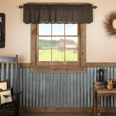 Kettle Grove Plaid Valance Scalloped 16x60 Size: 16 x 60.  Color: Black. Modern Primitive Decor, Primitive Kitchen Curtains, Country Style Curtains, Rustic Cottage Decor, Americana Home, Primitive Star, Layered Curtains, Vhc Brands, Country Curtains