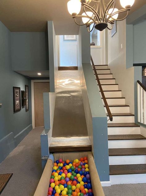 Slide And Ball Pit, Indoor Slide, Stair Slide, House Slide, Indoor Slides, Furniture Small Spaces, Ball Pit, House Stairs, Luxury Homes Dream Houses