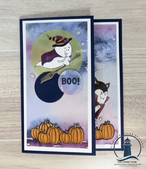 Brewing Up Halloween Fun with a Playful Ghosts Fun Fold Card | Linda's Stampin' Escape Stampin Up Halloween, Halloween Spells, Halloween Week, Halloween Cards Handmade, Free Stamps, Pumpkin Cards, Halloween Magic, Designer Paper, Up Halloween