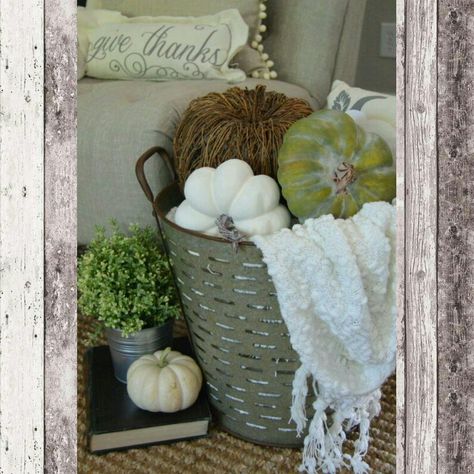 OPEN today 11-6 !!! Pumpkin Silhouette, Bucket Decor, Olive Bucket, Vibeke Design, Blessed Sign, Fall Vignettes, Mossy Green, Fall Deco, Autumn Decorating