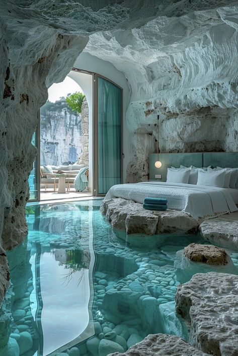 Crazy Houses Interior, Weird House Interior, Mermaid House Aesthetic, Insane Bedrooms, Unrealistic Places, Rooms In House, Luxury Travel Aesthetic, Water Bedroom, Coolest Houses