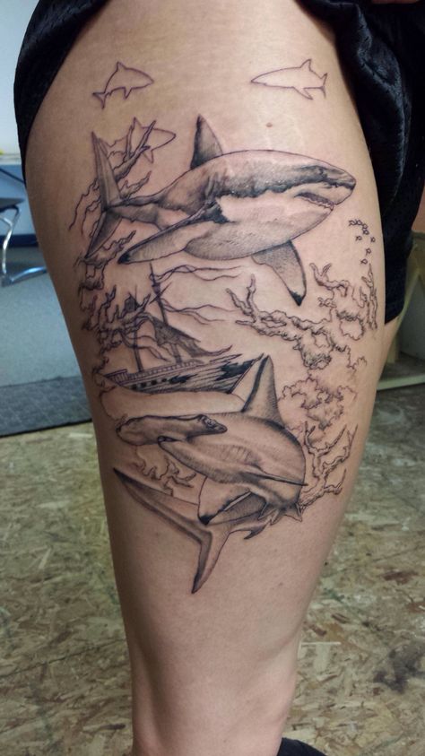 Shark thigh piece Shark Leg Tattoos Women, Large Shark Tattoo, Shark Thigh Tattoo Women, Shark Tattoo On Hip, Shark Thigh Tattoo, Shark Hip Tattoo, Shark Leg Tattoo, Shark Tattoos For Women, Sketches Black And White