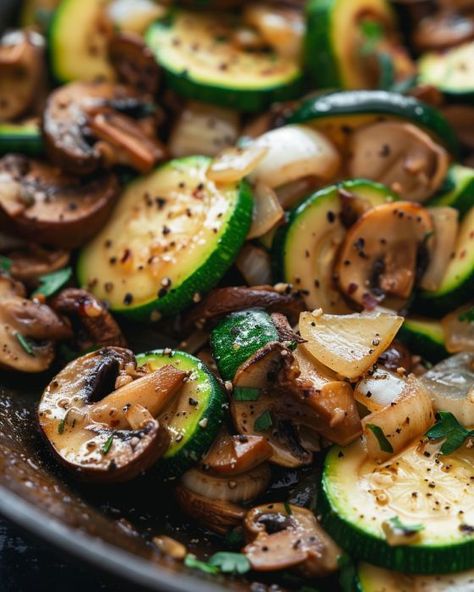 Tonight will be the 3rd time we are making this dish this week. It's so crazy good Vegetarian Savory Recipes, Veggies On The Blackstone, Squash And Mushroom Recipes, Zucchini With Mushrooms, Zucchini Mushroom Onion Recipes, Zucchini Mushrooms Onions, Keto Zucchini Recipes Side, Baked Zucchini And Mushrooms, Mushrooms Side Dish