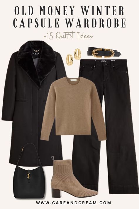 Old Money Winter Capsule Wardrobe + 15 Outfit Ideas Old Money Fashion Aesthetic, Old Money Winter, Basics Wardrobe, Winter Basics, Quality Leather Boots, Money Fashion, Winter Wardrobe Essentials, Capsule Wardrobe Essentials, Classy Winter Outfits