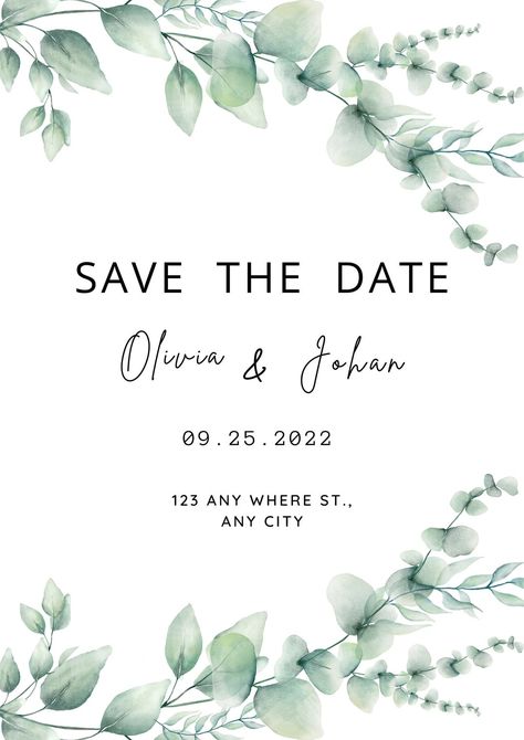 Watercolor Greenery, White Watercolor, Simple Invitation, Personalised Wedding Invitations, Save The Date Card, Eucalyptus Leaves, Wedding Save The Date, Decoration Wedding, Personalised Wedding