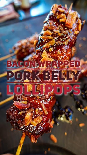 Tone Ramirez on Instagram: "Bacon Wrapped Pork Belly Lollipops 🍭 These things go crazy!! Definitely not for the lighthearted. _______________________________________ 🍭Smoked @ 250 for about 3-4 hrs or until probe slides right in like melted butter. ♨️ @chargrillergrills Gravity Fed 980 🔥 @jealousdevilcharcoal Chunx 🧂 @rubcitybbq Smoke Mafia 🩸 @blazingstarbbq Spicy BBQ ���🍯 @mikeshothoney _______________________________________ #tftibbq #bbq #bbqfood #bbqporn #bbqsmoker #bbqtime #bbqsauce # Pork Belly Recipes Easy, Smoked Pork Belly, Bbq Smoker Recipes, Pork Belly Burnt Ends, Bacon Wrapped Pork, Pork Belly Recipes, Meat Appetizers, Smoked Pork, Bbq Pork