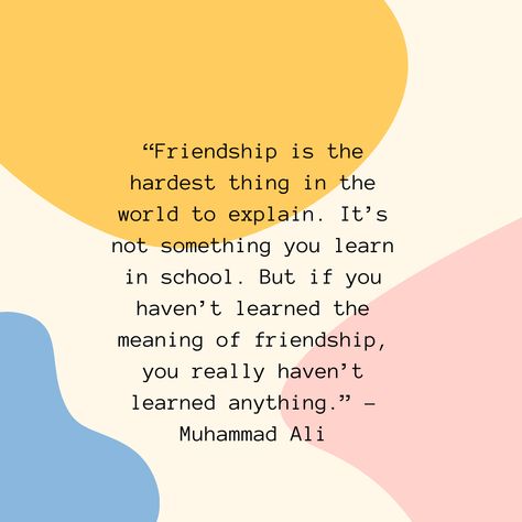 “Friendship is the hardest thing in the world to explain. It’s not something you learn in school. But if you haven’t learned the meaning of friendship, you really haven’t learned anything.” – Muhammad Ali Meaning Of Friendship, Muhammad Ali, The Meaning, You Really, Pie Chart, Meant To Be, Memes, The World, Quotes