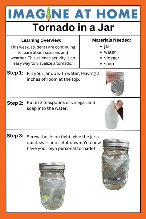 This week, students are continuing to learn about seasons and weather. This science activity is an easy way to visualize a tornado. How To Make A Tornado In A Jar, Tornado Science Project, Science Weather Activities Preschool, Tornado Science Fair Project, Tornado Experiments For Kids, Tornado Crafts For Kids, Tornado Activities For Kids, Tornado Party Ideas, Weather Science Experiments For Kids