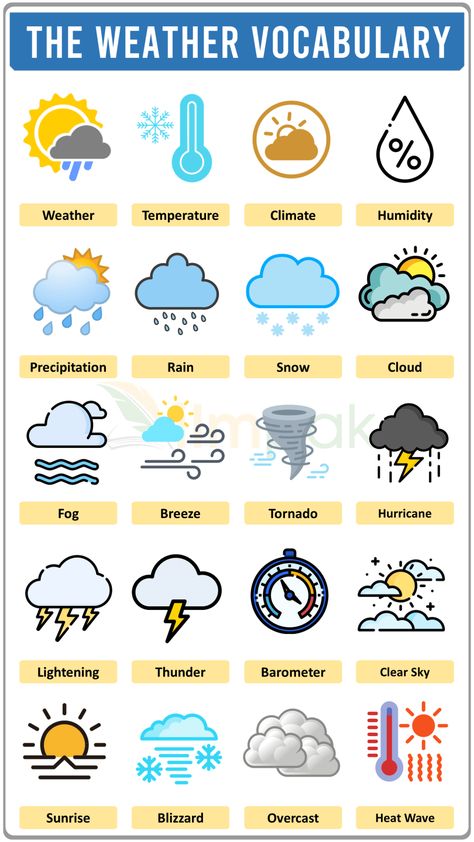 English Word Games, Weather In English, Detox For Kids, Picture Vocabulary, Types Of Weather, English Knowledge, Preschool Weather, Weather Vocabulary, Weather Words