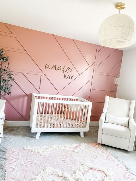 Rose Colored Nursery, Pink Accent Wall Bedroom Kids, Baby Girl Nursery Accent Wall, Girl Nursery Accent Wall, Nursery Accent Wall Girl, Dusty Rose Nursery, Pink Nursery Ideas, Toddler Girl Room Decorating Ideas, Accent Wall Nursery