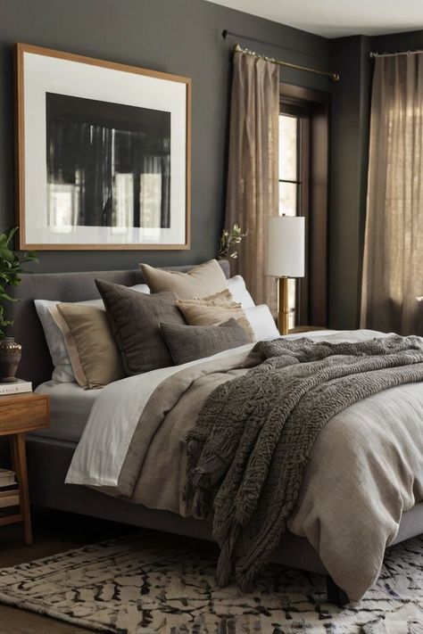 Grey Bedroom Ideas Men for timeless design! Dark Grey Bedroom Ideas For Men, combined with Dark Grey Walls and Black and Grey Home Decor, result in a stunning Modern Grey Bedroom. 🌌✨ #ClassicDesign #GreyStyleIdeas #BedroomGoals Charcoal Gray Walls Bedroom, Charcoal And Beige Bedding, Dark Grey Bed Bedroom, Dark Grey Beige Bedroom, Dark Grey And Cream Bedroom, Dark Green Gray Bedroom, Gray And Khaki Bedroom, Gray And Cognac Bedroom, Dark Grey Furniture Bedroom