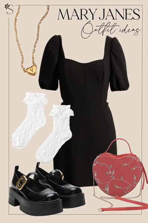 Mary Jane Outfit Ideas - Babydoll Dress Cute Mary Janes Outfit, All Black Outfit With Mary Janes, Maryjane Shoe Outfits Dress, Mary Jane Dress Outfit, Marry Jane Outfits, Dress With Mary Jane Shoes, Mary Jane’s Outfit Ideas, Mary Jane Shoes Outfit Dress, Dress With Mary Janes