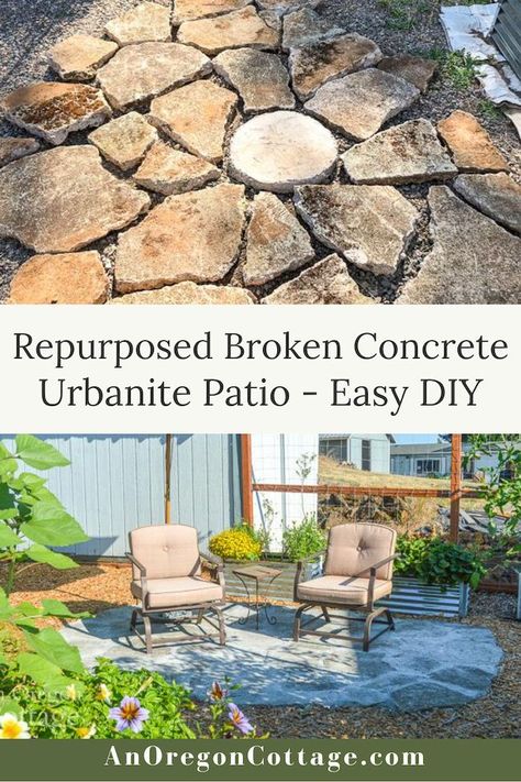 Recycled Concrete Patio, Flagstone On A Slope, Repurposed Concrete Chunks, Urbanite Landscaping, Patio Paving Ideas On A Budget, Broken Concrete Ideas, Urbanite Patio, Broken Concrete Patio, Faux Flagstone