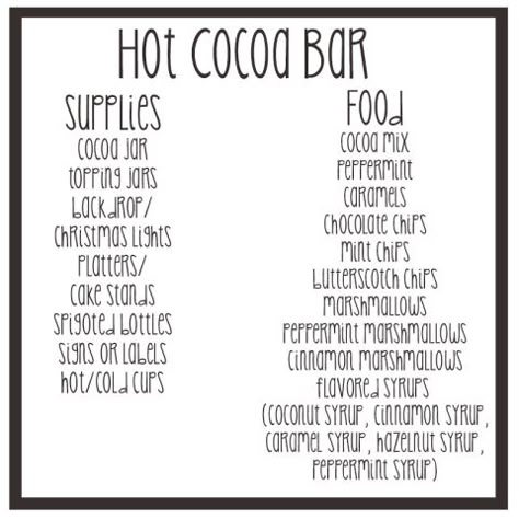 hot cocoa bar Hot Chocolate Bar Ingredients, Hot Cocoa Bar Ingredients, Hot Cocoa Bar Supplies, Hot Cocoa Bar For Party, Hot Cocoa Bar Toppings List, Got Cocoa Bar, Hot Chocolate Bar Toppings List, Hot Coco Bar Idea, Coco Bar Ideas