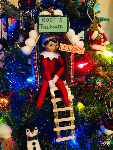 Elf On The Shelf Tree House, Elf Tree House, Elf Shelf, Elf Tree, Boot Tree, Elf Ideas, Holiday Time, Shelf Ideas, A Shelf