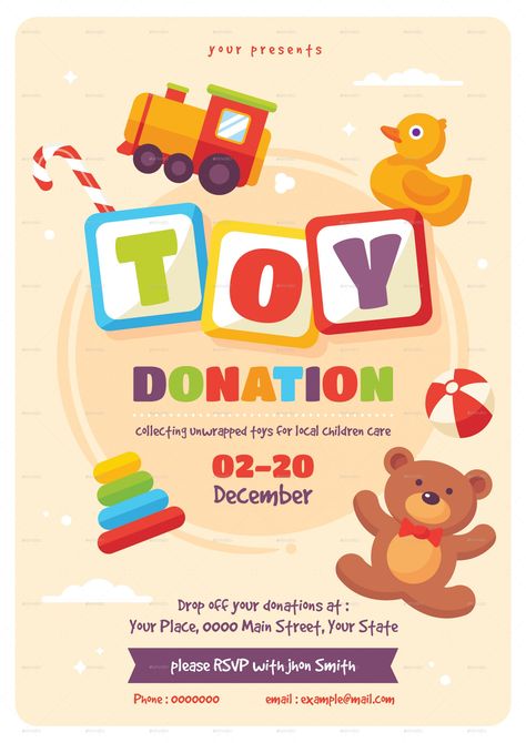 Nanny Flyer Ideas, Toys Poster Design, Toy Drive Flyer, Toy Donation, Charity Poster, Drive Poster, Template Free Printable, Volunteer Projects, Logo Baby