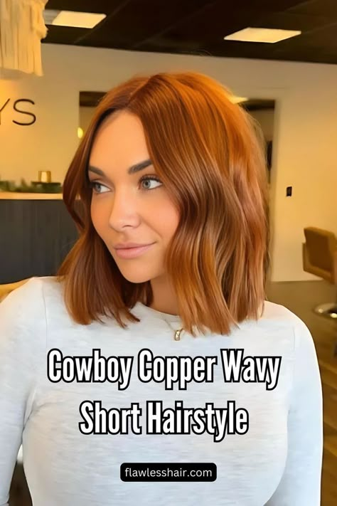 Cowboy Copper Wavy Short Hairstyle Red Hair Lob, Short Wavy Hair Ideas, Copper Bob Hair, Short Copper Hair, Wavy Hair Ideas, Cowboy Copper Hair, Brown Bob Hair, Hottest Hairstyles, Cowboy Copper