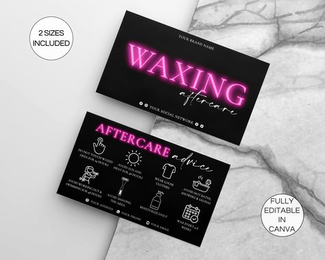 "Editable Waxing Aftercare Cards Template, Wax Aftercare Card, Printable Hair Wax Care Card, Wax Business Care Card Canva Template.  This Waxing Aftercare Card Canva Template is perfect for your business. You can fully customize it at Canva, adding your logo, images, text, editing text, font, background, colors etc. The template has not expiration date and you can access, edit, save and download it how many times you want. ✔️ WHAT'S INCLUDED * Waxing Aftercare Card Template 2\"(H)x3.5\"(L)in (Business Card Size - Front & Back Side)  * Waxing Aftercare Card Template 4\"(H)x6\"(L)in (Front & Back Side) * Instructions Guide to Edit Template * Additional Graphics & Icons at Canva ✔️ YOU CAN  * Add/Edit all text (font, size, placement etc.) & colors, icon included * Add your logo, images, graph Wax Aftercare Cards, Waxing Aftercare Cards, Waxing Business Cards, Wax Business, Beauty Bar Ideas, Waxing Aftercare, Aftercare Cards, Wax Studio, Google Doc Templates