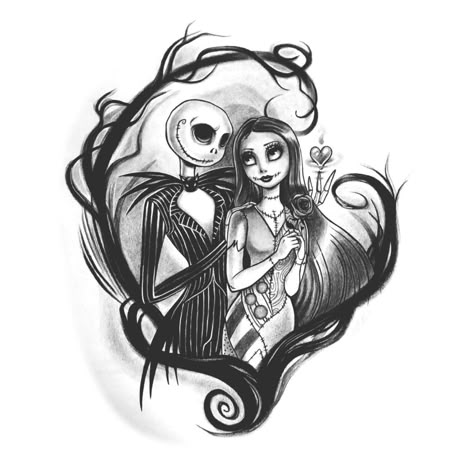 Jack and Sally tattoo drawing Jack And Sally Tattoo, Sally Tattoo, Tattoo Nightmares, Jack Skellington Tattoo, Tim Burton Tattoo, Jack Tattoo, Jack Y Sally, Nightmare Before Christmas Drawings, Nightmare Before Christmas Tattoo