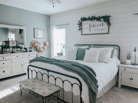 Farmhouse Bedroom Black Metal Bed, Farmhouse Bedroom With Shiplap Wall, Shiplap Bedroom Wall With Windows, Farmhouse Bedroom With Metal Bed, White Shiplap Bedroom Wall, Farmhouse Bedroom With Plants, Master Bed Farmhouse, Shiplap Master Bed, Farmhouse Bedroom Metal Bed