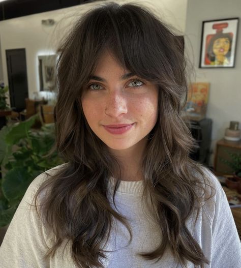 Shag And Curtain Bangs, Chunky Fringe, Brunette Shaggy Hair, Long Wavy Hair Fringe, 70s Shag Haircut Wavy, Long Haircut Side Part, Long Fringe, Wavy Wolf Cut With Bangs, Curtain Bangs 70s Hair Shag