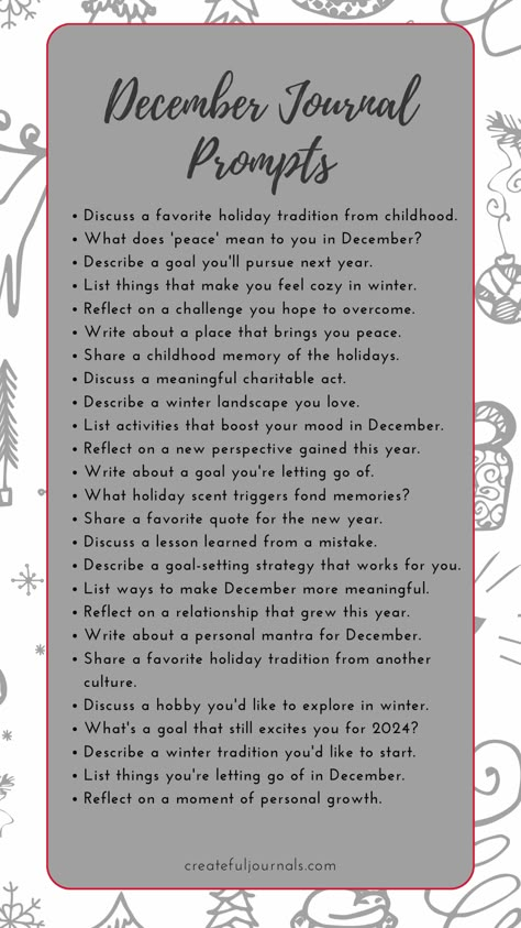 Here's a list of Journal prompts for December. Choose from these prompts throughout the month to inspire your journaling sessions! Christmas Journal Ideas Writing Prompts, December Journaling Prompts, Advent Journal Prompts, December Daily Prompts, December Intentions, December Journal Ideas, December Prompts, December Journal Prompts, Winter Journal Prompts