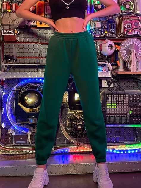 Dark Green    Polyester Plain  Embellished Slight Stretch Fall/Winter Women Bottoms Dark Green Sweatpants Outfit, Green Sweatpants Outfit, Women Sweatpants, Green Sweatpants, St Patrick's Day Outfit, Women Bottoms, Sweatpants Outfit, Collared Greens, Green Outfit