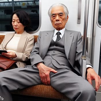 A senior Japanese man sitting on a train seat. He is wearing a gray suit with a white shirt and a tie. His left hand is resting on his groin. Next to him, his wife is sitting. She holds a kitchen knife on her hand. - Image Creator from Microsoft Bing Sitting On A Train, Japanese Suit, Japanese Old Man, Train Seat, Japanese Man, Men Fashion Photo, Tied Hands, Man Sitting, Body Anatomy