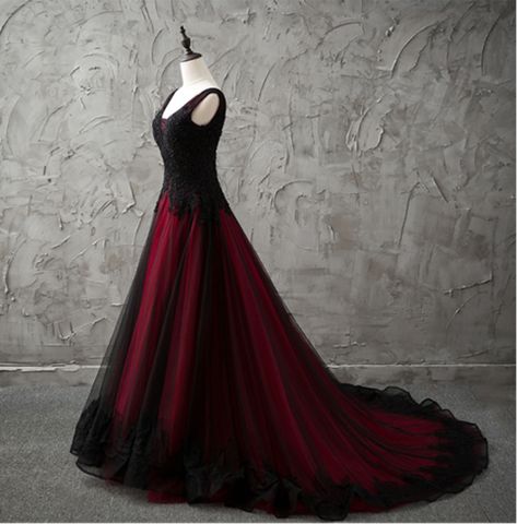 Gothic V-Neck Sleeveless Black and Red Wedding Dresses Lace Appliques Beading Country Chic Wedding Dresses Low Back Colored Wedding Gowns sold by Cherishwedding on Storenvy Black Gothic Wedding Dress, Country Chic Wedding Dress, Black Gothic Wedding, Black Wedding Dress Gothic, Black Red Wedding, Colored Wedding Gowns, Wedding Dress Low Back, Wedding Dress A Line, White Bridal Gown