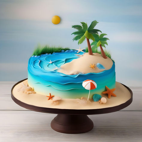 Simple Anniversary Cakes, Pond Cake, Summer Birthday Cake, Sea Cake, Beach Cake, Harry Birthday, Sea Cakes, Fantasy Cake, Beach Cakes