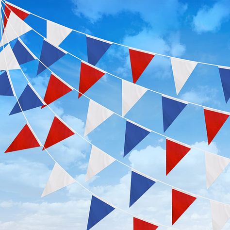 PRICES MAY VARY. You will get 1pcs 33ft red blue white color bunting with 26pcs triangle flags. Bunting flags are made of high quality nylon fabric, it’s durable and reusable. The shiny color will be an eye-catcher in any occasion. Flag size are 8.7*6.3inch/22*16cm. The large size flags can be used to decorate National Day, special event, birthday, wedding party. The bunting are red blue and white 3 colors, the material are shiny. Great to decorate home or outdoor party. 100% high quality and satisfaction guarantee, all the products are made of high quality material, if you are not satisfied with it, we would like to full refund for you. Description:
Package include 1pcs 33ft red blue and white color bunting with 26pcs triangle flags.

The bunting flags are nylon fabric, it’s durable and r White Bunting, Outdoor Garden Party, Garden Party Decorations, Fabric Bunting, Bunting Flags, Red Blue White, Flag Sizes, Wedding Outdoor, Bunting Banner