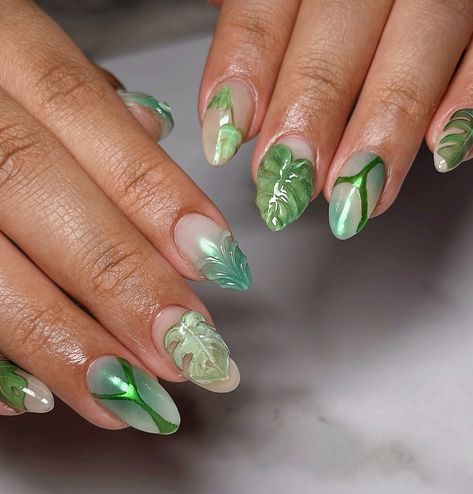 🌿 Monstera Plant 🌿 Custom designed set; what a luscious jungle summer vibe 💚 #nailinspo #naildesign #nails2inspire #gelxnails #naturenails #monsteranails #summernails #3dnailart #3dnails #gardennails #vancouvernails #gelxinspo #nailart #paintednails Plants Nails Design, Rainforest Nails, Jungle Nails Design, Jungle Nails, Monstera Plant, 3d Nail Art, 3d Nails, Nail Artist, Nail Inspo