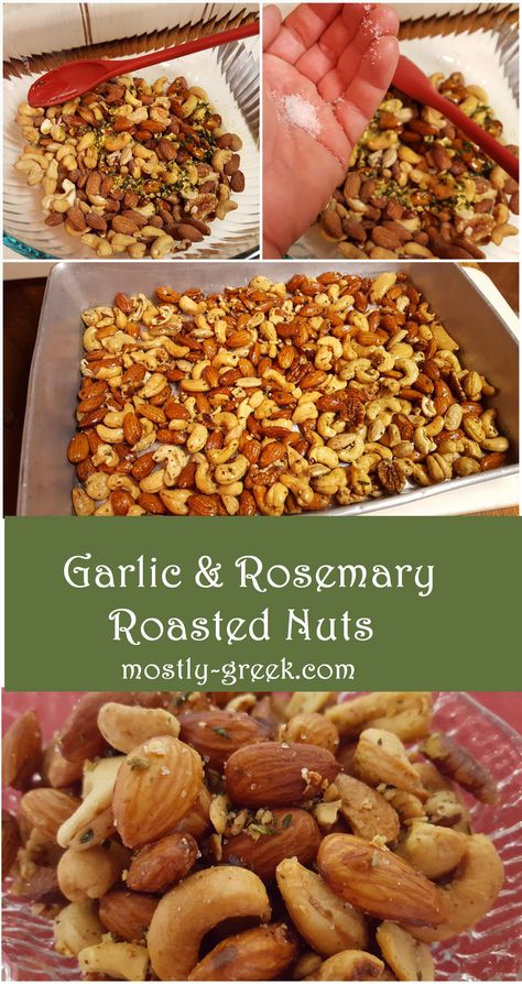 Earthy rosemary and spicy garlic roasted nuts will be a hit at your next gathering!  Or keep them to yourself!  #appetizer #appetizers #nuts #roastednuts #garlic #rosemary #mediterraneandiet #meze #greekcooking #greekfood #greekrecipes #mediterraneanfood #vegan #vegetarian #nutrecipe #nutrecipes #appetizerrecipe #appetizerrecipes #garlicrecipes #healthysnack #healthysnacks Seasoned Nuts Recipe, Oven Roasted Nuts Recipe, Flavored Nuts Recipes, Savory Nut Mix Recipe, Roasted Hazelnut Recipes Savory, Mixed Nuts Recipes, Roasted Walnuts Recipe Savory, Savory Nuts Recipe, Air Fryer Roasted Nuts Recipe