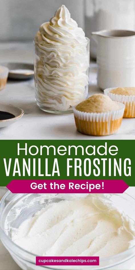 Indulge in the heavenly taste of this Easy Homemade Vanilla Frosting! Perfectly light and fluffy, it's the ultimate buttercream recipe for cakes, cupcakes, and cookies made form scratch with just a few simple ingredients. Light And Fluffy Frosting, Vanilla Frosting For Cupcakes, Recipe For Cakes, Vanilla Cake Frosting, Homemade Vanilla Frosting, Fluffy Icing, Vanilla Frosting Recipes, Gluten Free Cupcakes Vanilla, Fluffy Frosting