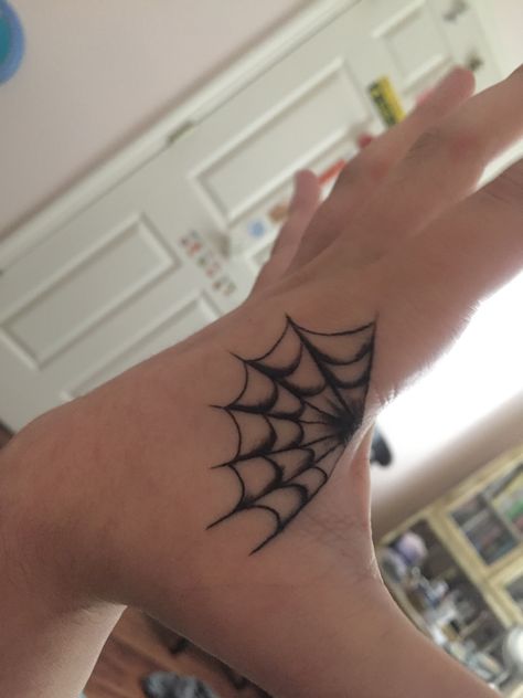 Spider web hand tattoo Finger Tattoos Spider Web, Finger Spider Web Tattoo, Corner Spider Web Tattoo, Spider Tattoos On Hand, Halloween Hand Tattoo Ideas, Hand Tattoo Spider Web, Hand Web Tattoo, Spiderweb Hand Tattoo Men, Small Web Tattoo