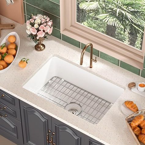 White Fireclay Undermount Kitchen Sink, DeerValley Single Bowl Kitchen Sink Accessories Workstation Sink with Sink Grid and Basket Strainer (White, 26.75" x18.9") - Amazon.com Porcelain Sink Kitchen, Porcelain Kitchen Sink, Porcelain Kitchen, Drop In Kitchen Sink, White Kitchen Sink, Sink Grid, Drop In Sink, Sink Kitchen, Fireclay Sink